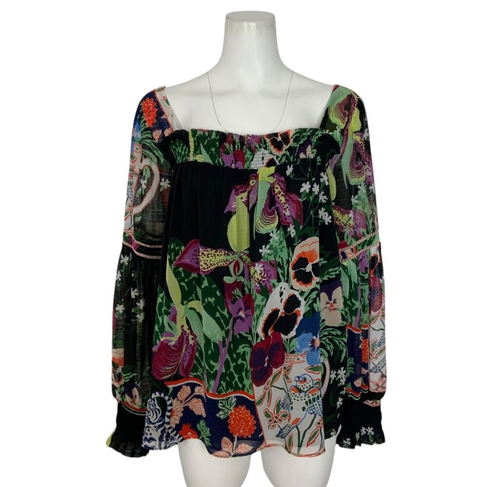 Anthropologie Black Floral Off-Shoulder Blouse with Green, Purple, Pink